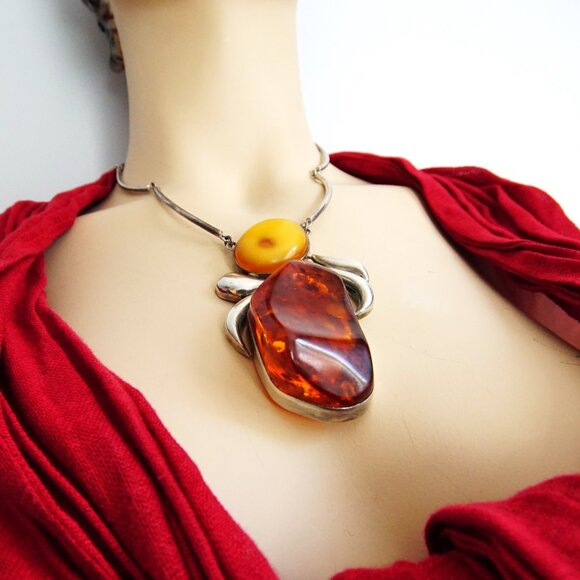 Super Giant Heavy Amber & 925 Silver Link Necklace - Rare Jewelry Gift For Her - Picture 10 of 16